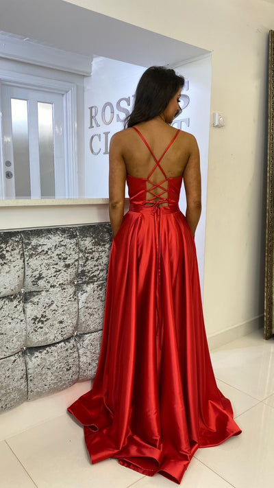 Red Satin Straight Neck Corset Ball Gown