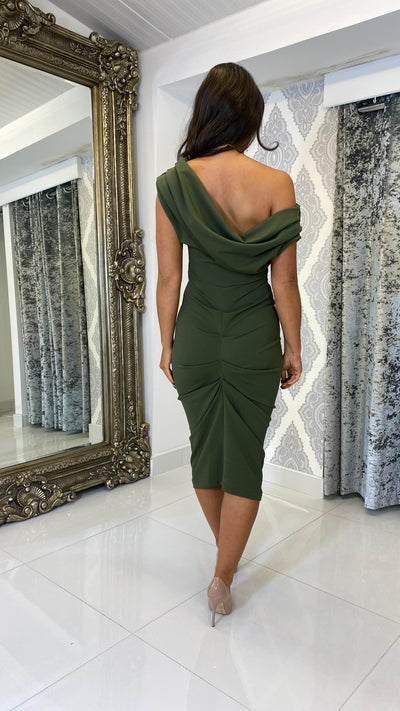 Khaki Drape Shoulder Midi Dress