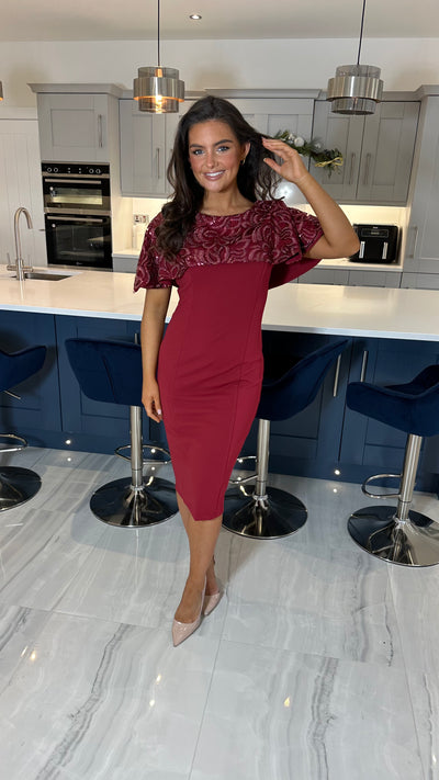 Burgundy Sequin Cape Style Midi Cocktail Pencil Dress