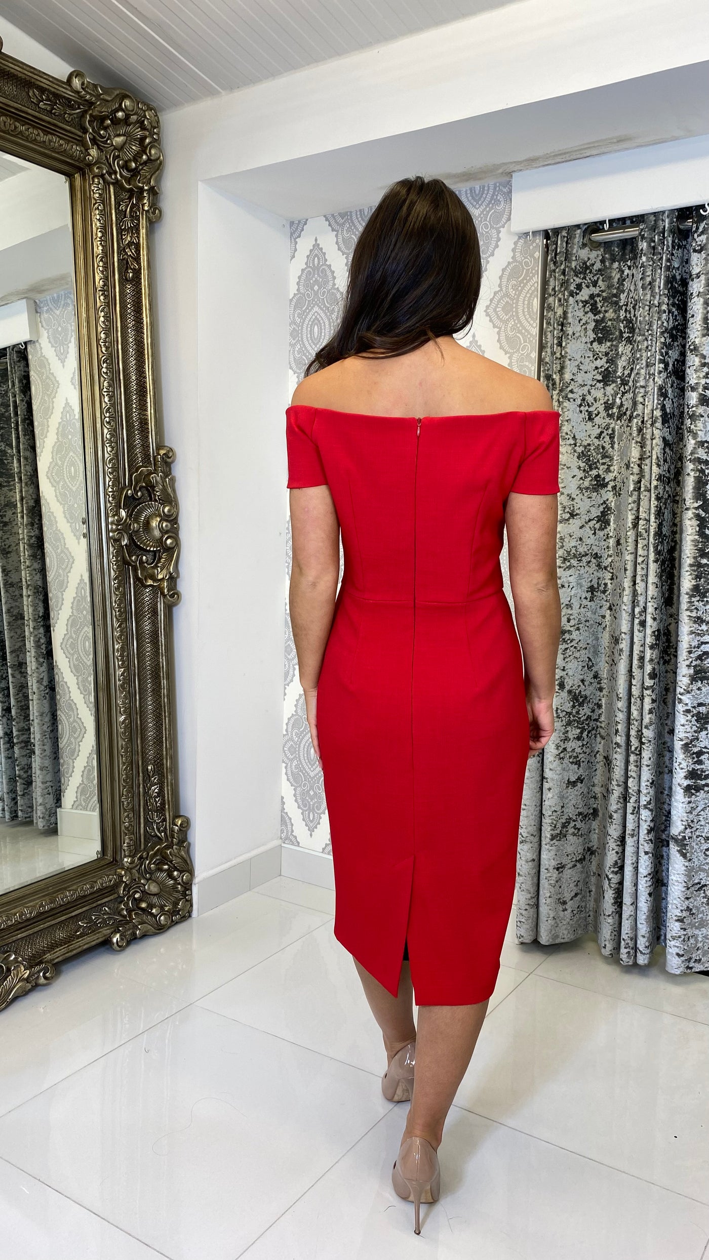 Red Midi Pointed Bardot Cocktail Dress