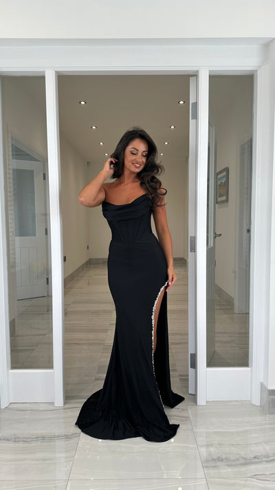 Black Strapless Corset Jewel Split Prom Dress