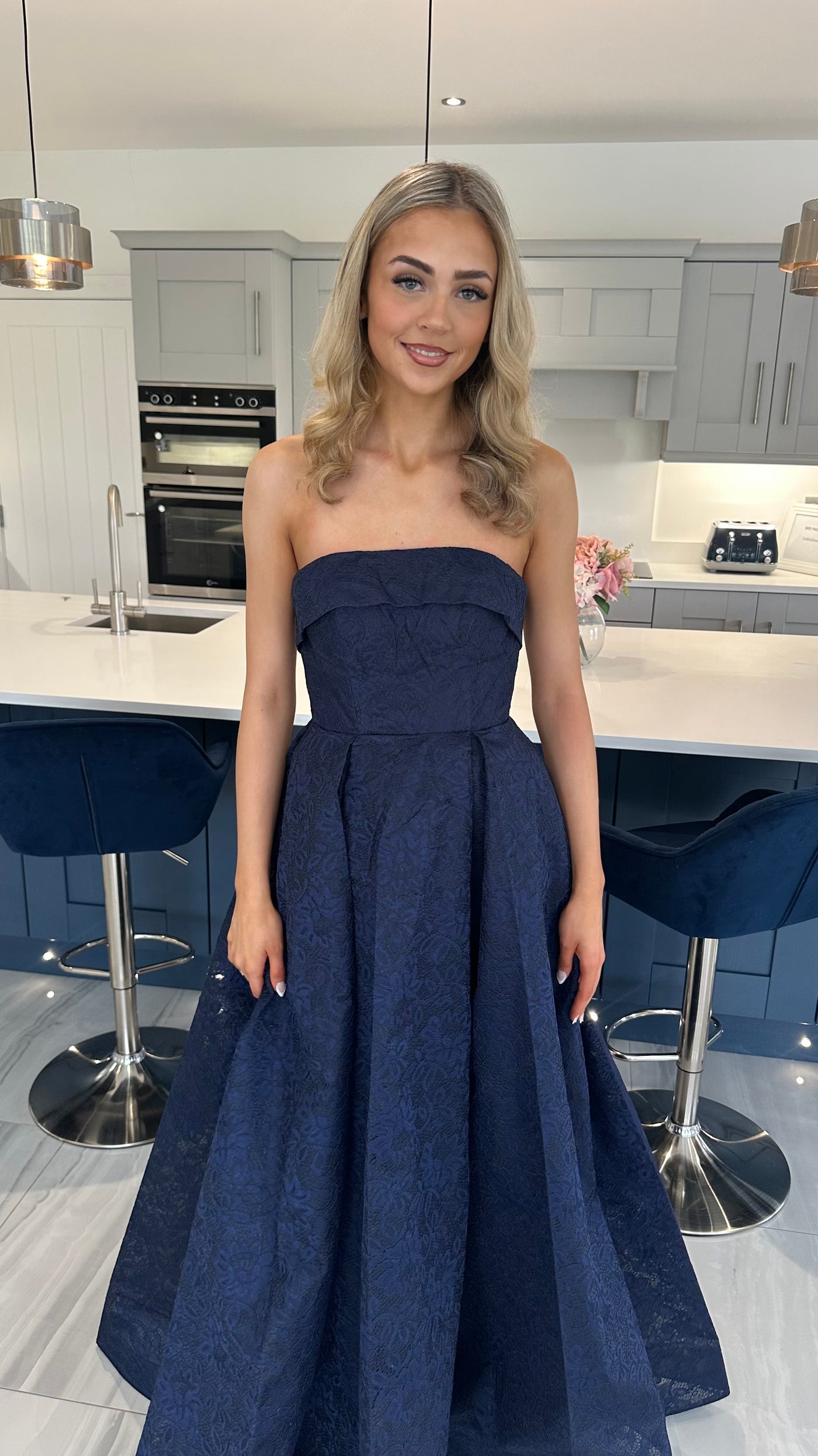 Navy Lace Strapless Ball Gown
