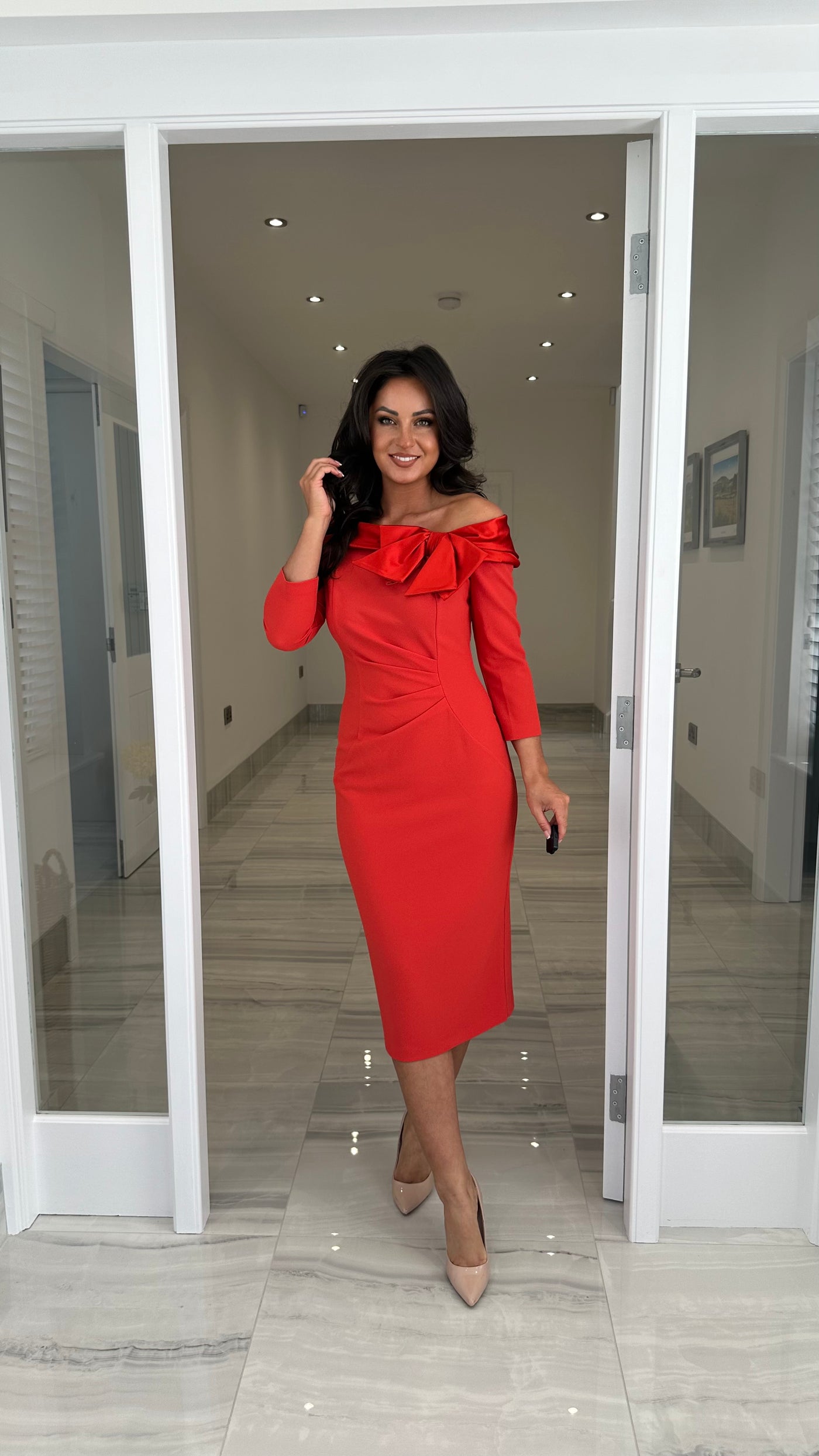 Coral Orange Bardot Neckline with Satin Bow