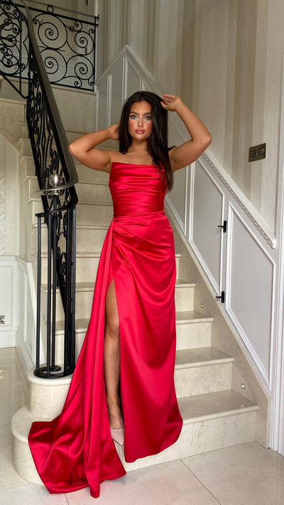 Red Ruched Satin Strapless Full Length Gown