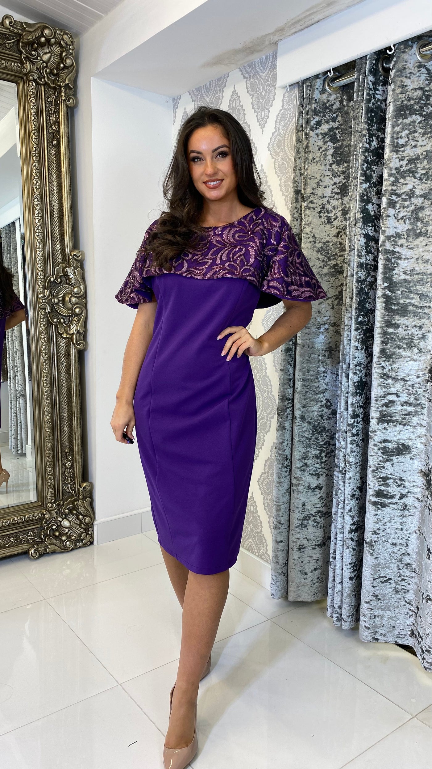 Sequin Detailed Cape Style Midi Dress In Purple