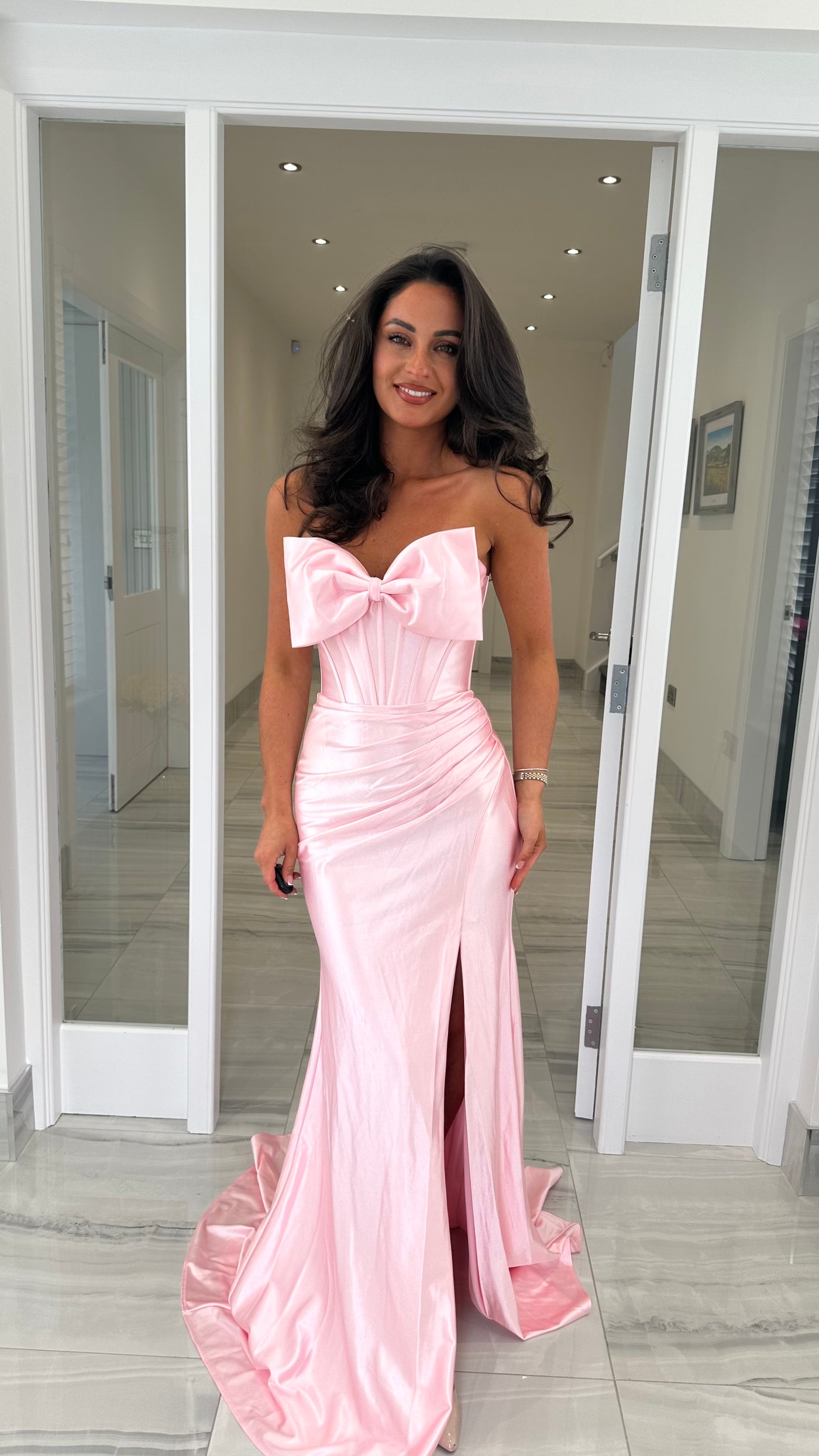 Baby Pink Satin Bow Front Gown