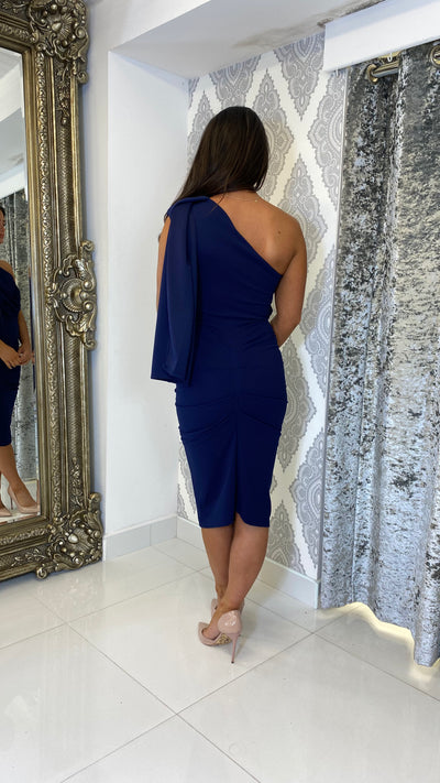 Drape One Shoulder Wedding Guest Dress In Navy Blue