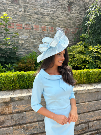 Romantic Blue Bow Neck Midi Wedding Guest Dress