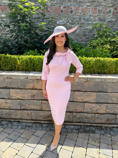 Blush Pink Bow Neck Midi Wedding Guest Dress