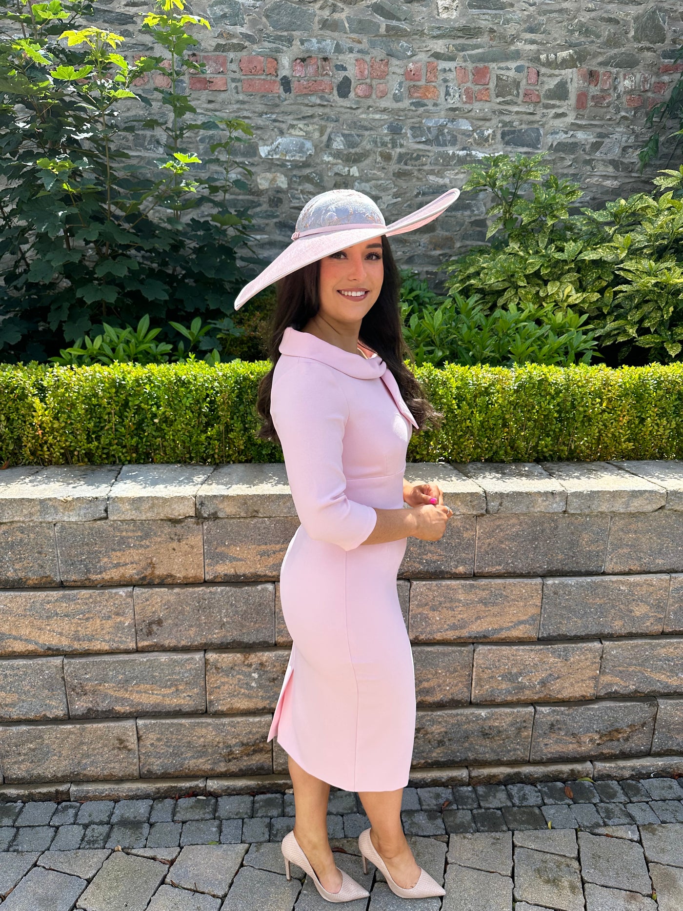 Blush Pink Bow Neck Midi Wedding Guest Dress