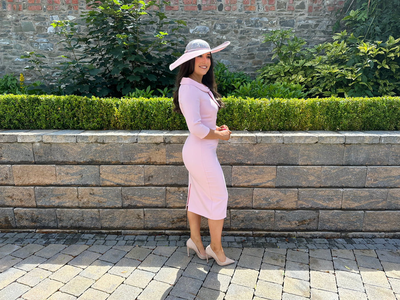 Blush Pink Bow Neck Midi Wedding Guest Dress
