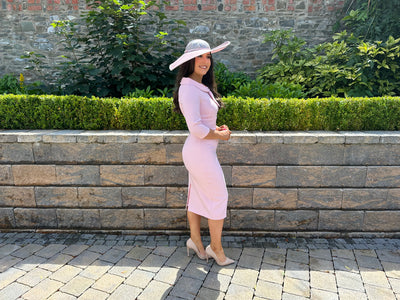 Blush Pink Bow Neck Midi Wedding Guest Dress