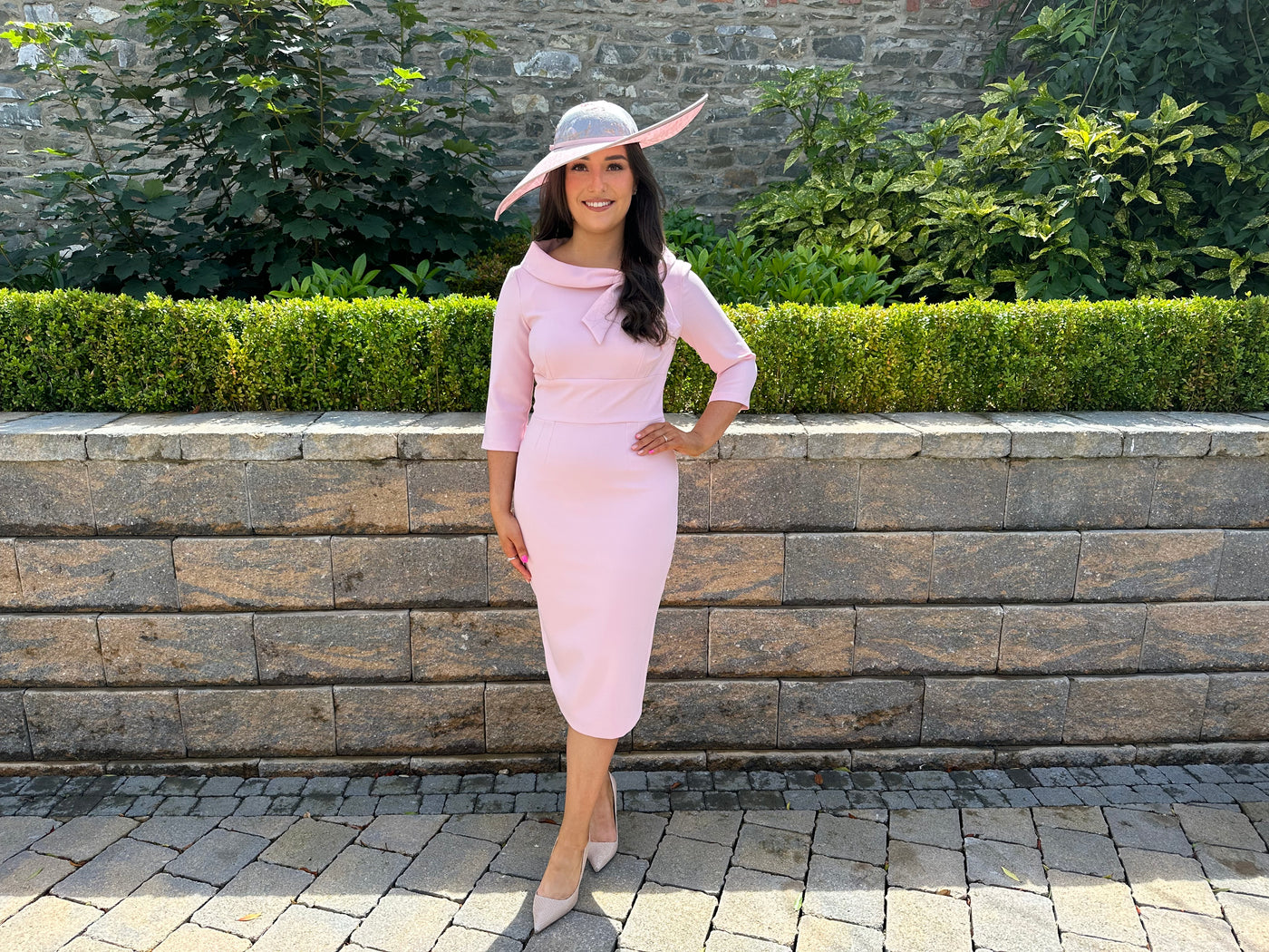 Blush Pink Bow Neck Midi Wedding Guest Dress