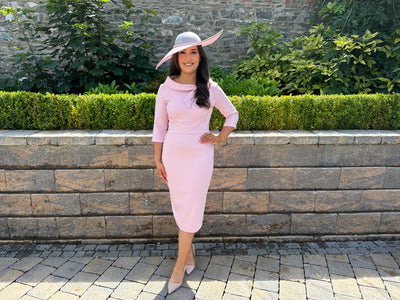 Blush Pink Bow Neck Midi Wedding Guest Dress