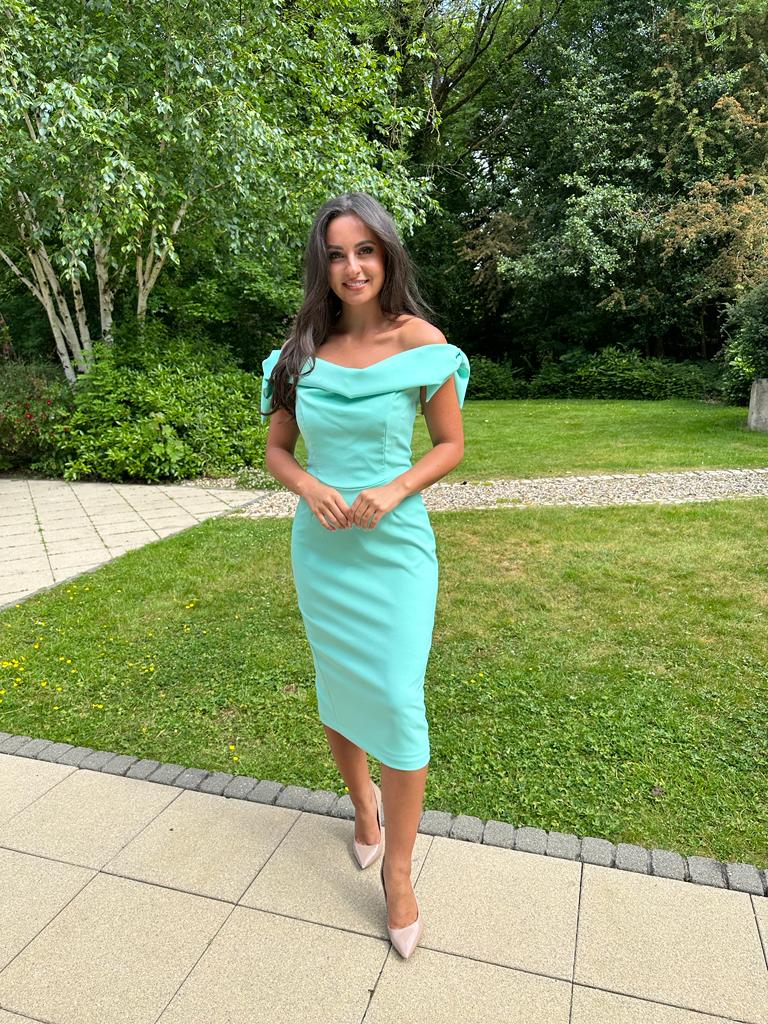 Mint Bardot Bow Shoulder Midi Dress