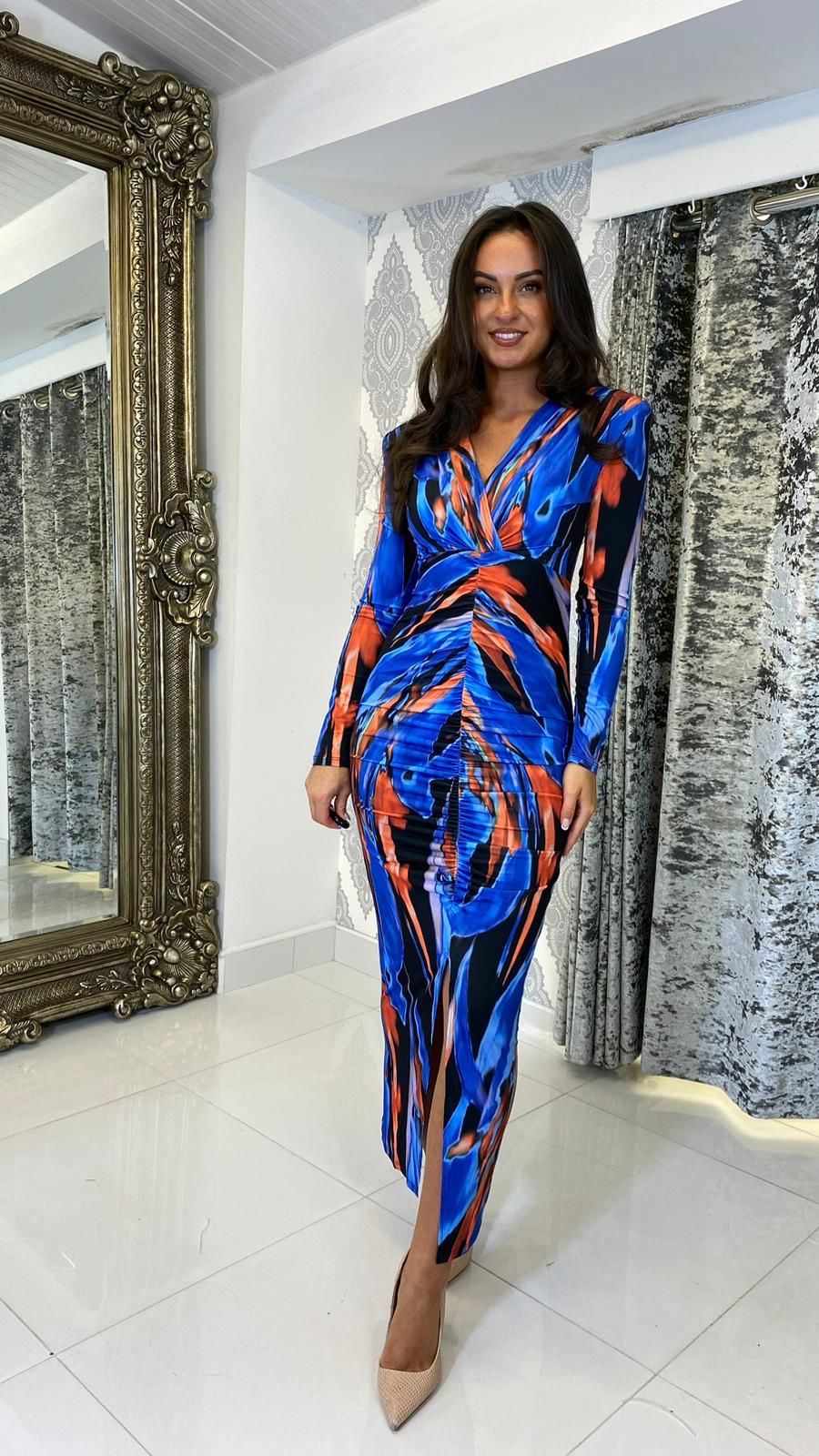 Long Sleeve Midi Dress In Blue Watercolour Print