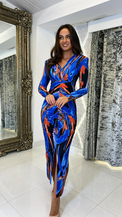 Long Sleeve Midi Dress In Blue Watercolour Print