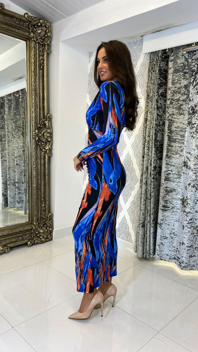 Long Sleeve Midi Dress In Blue Watercolour Print