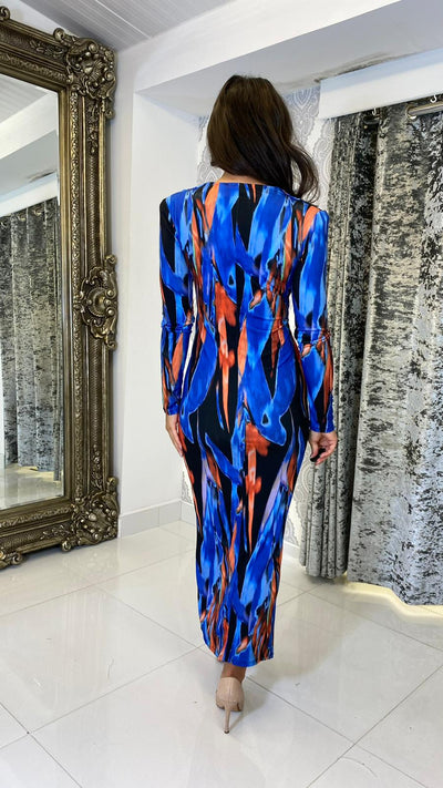 Long Sleeve Midi Dress In Blue Watercolour Print