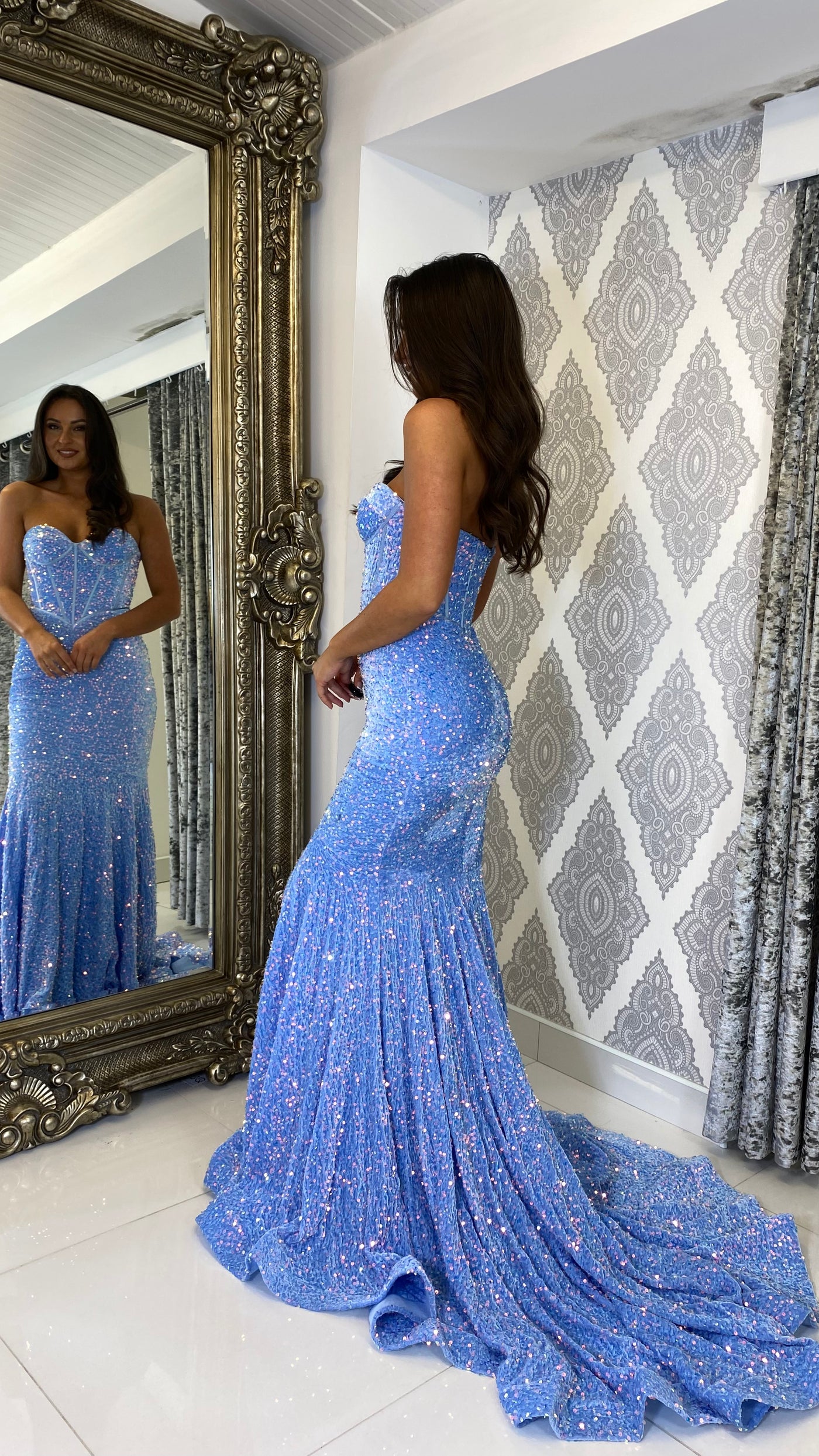 Baby Blue Sequin Corset Strapless Evening Gown