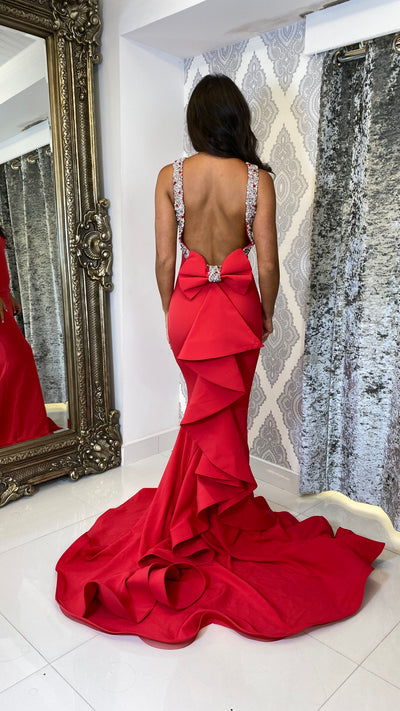 Red Backless Bow Back Evening Gown