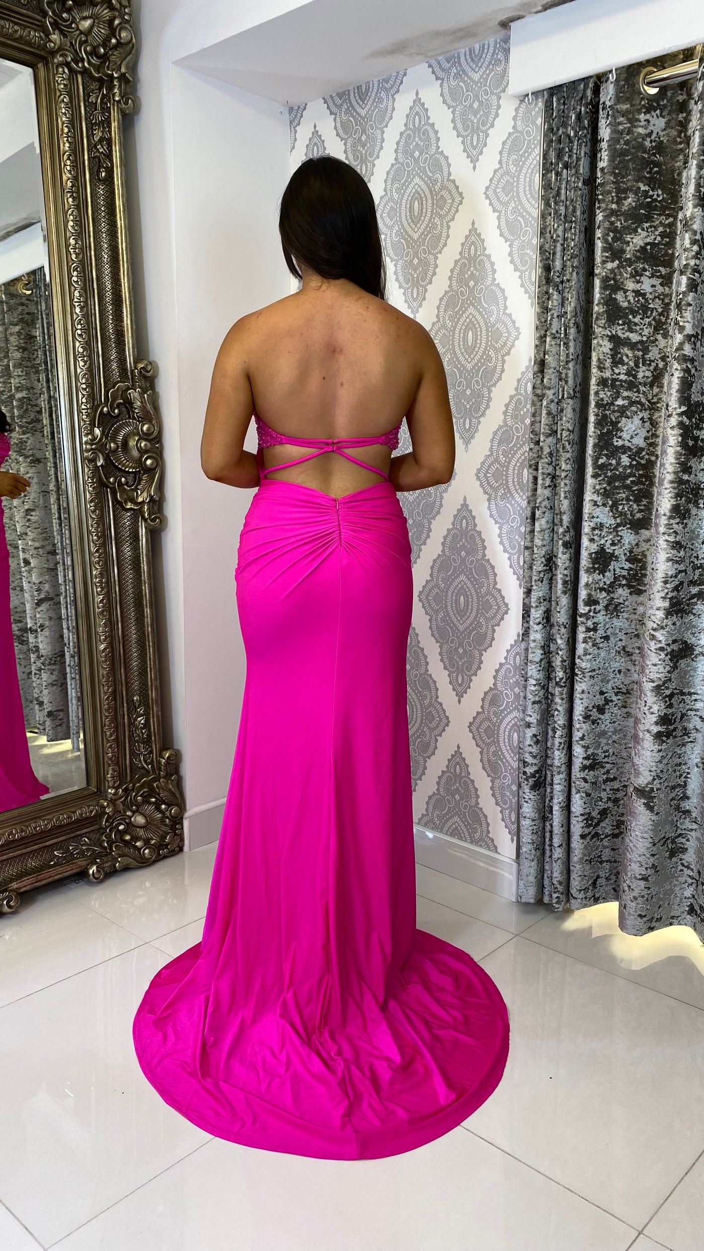 Bright Pink Corset Strapless Detail Open Back Evening Gown