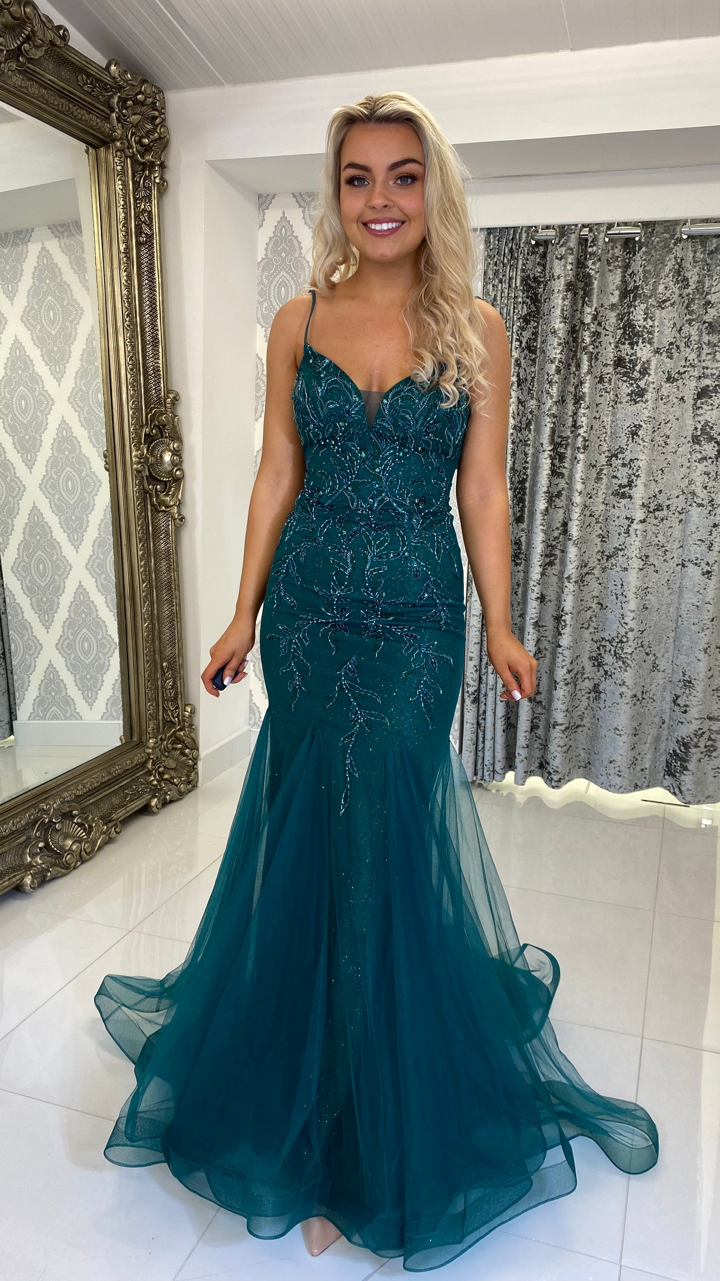 Emerald green fishtail deals dress