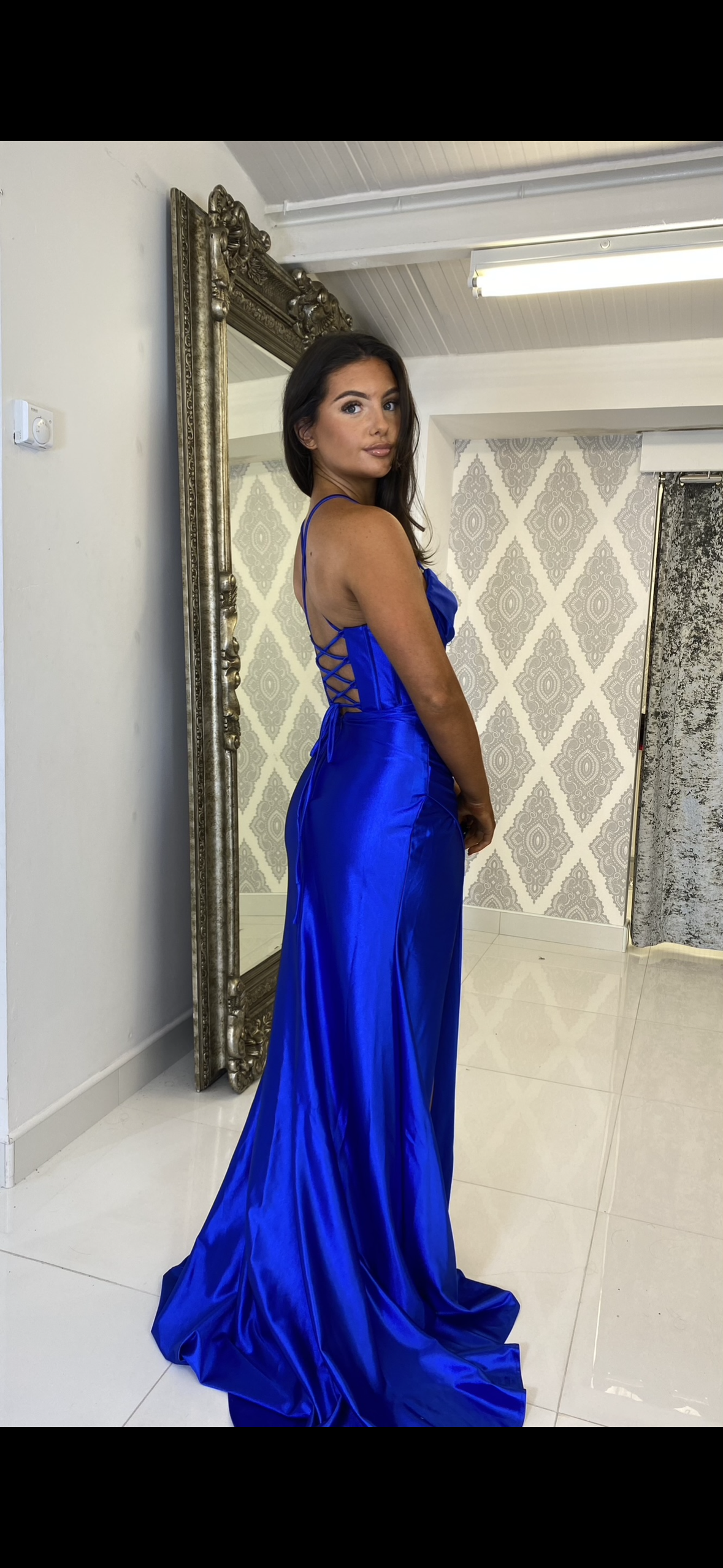 Cobalt Blue Satin Drape Front Formal Gown