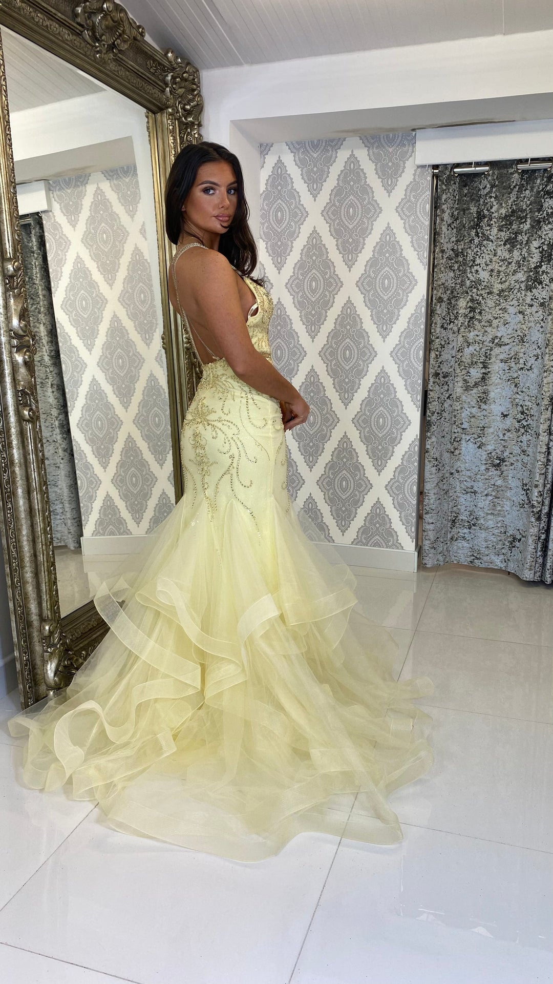 slim fit dress slacks Lemon Straight Neck Fishtail Prom Dress – Rosies Closet