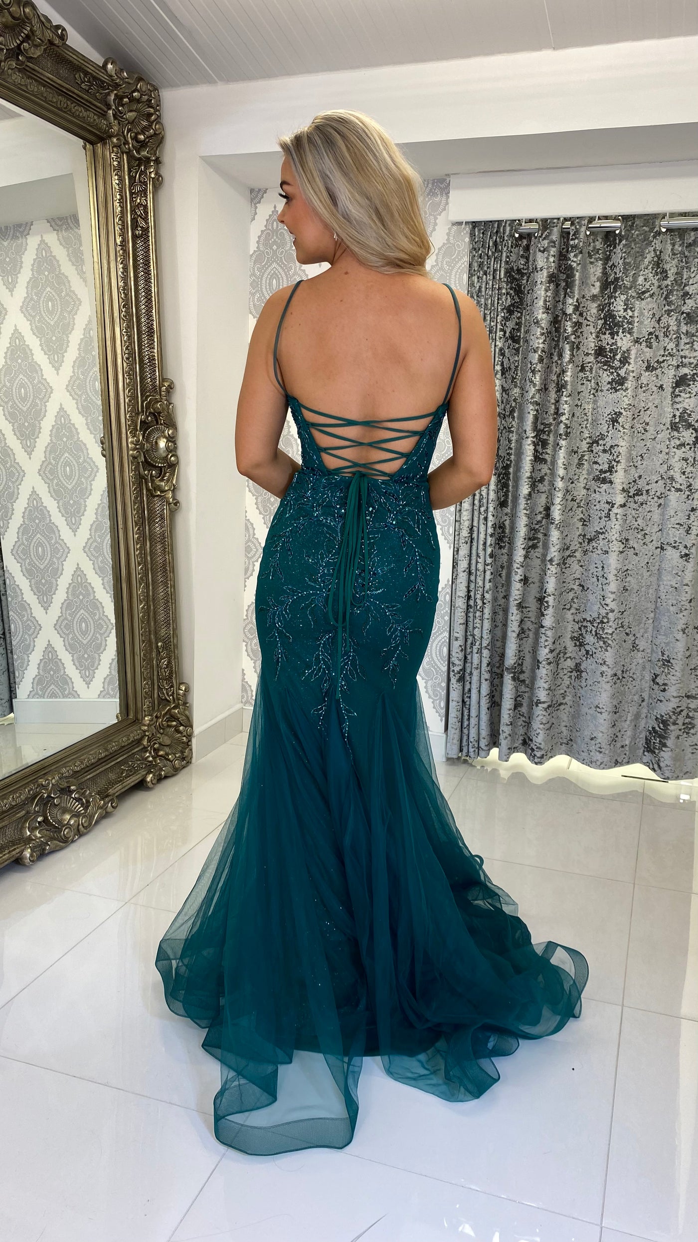 Green Skinny Strap Corset Fishtail Prom Dress – Rosies Closet