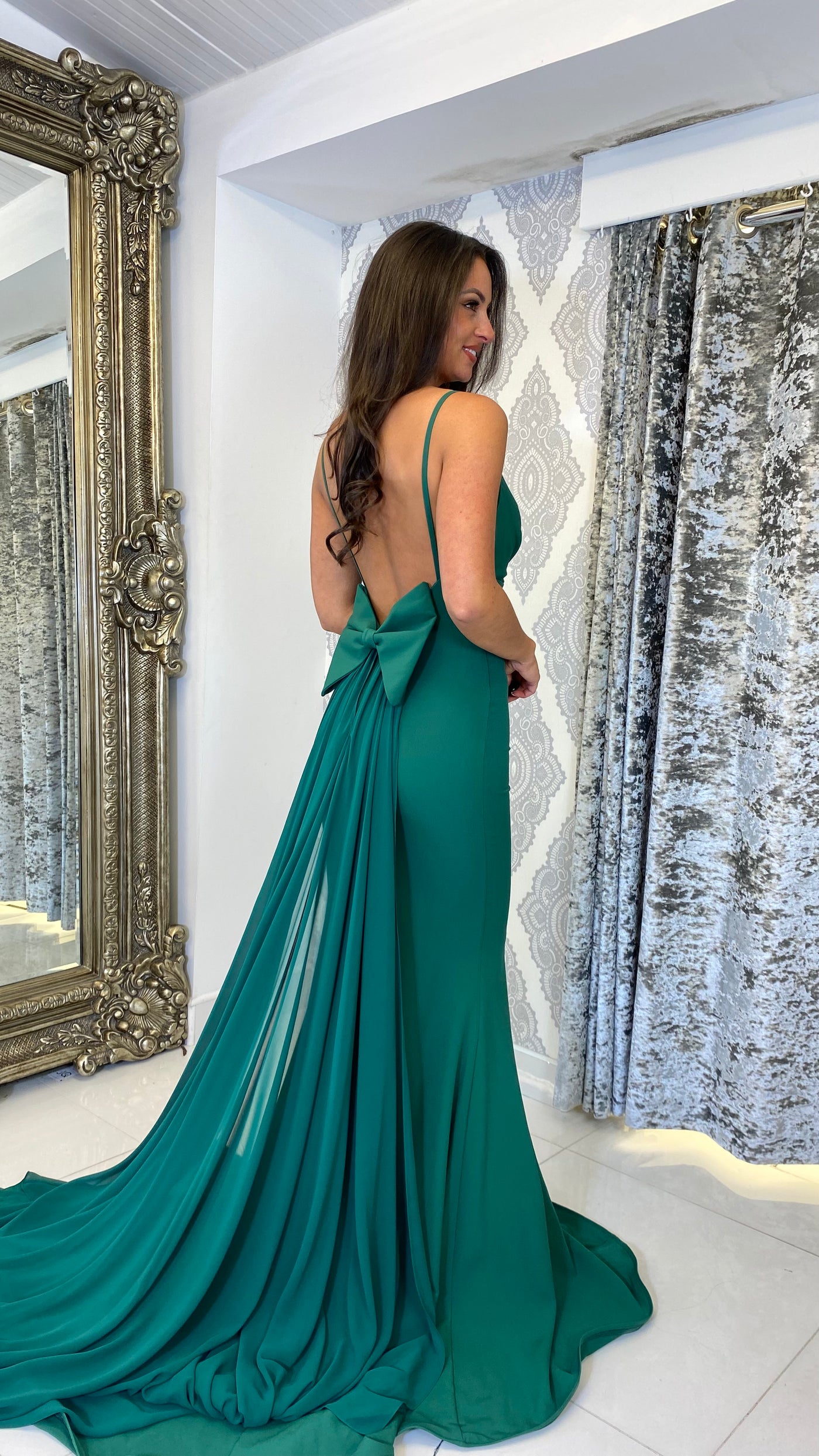 Green Bow Back Chiffon Trail Prom Dress Rosies Closet