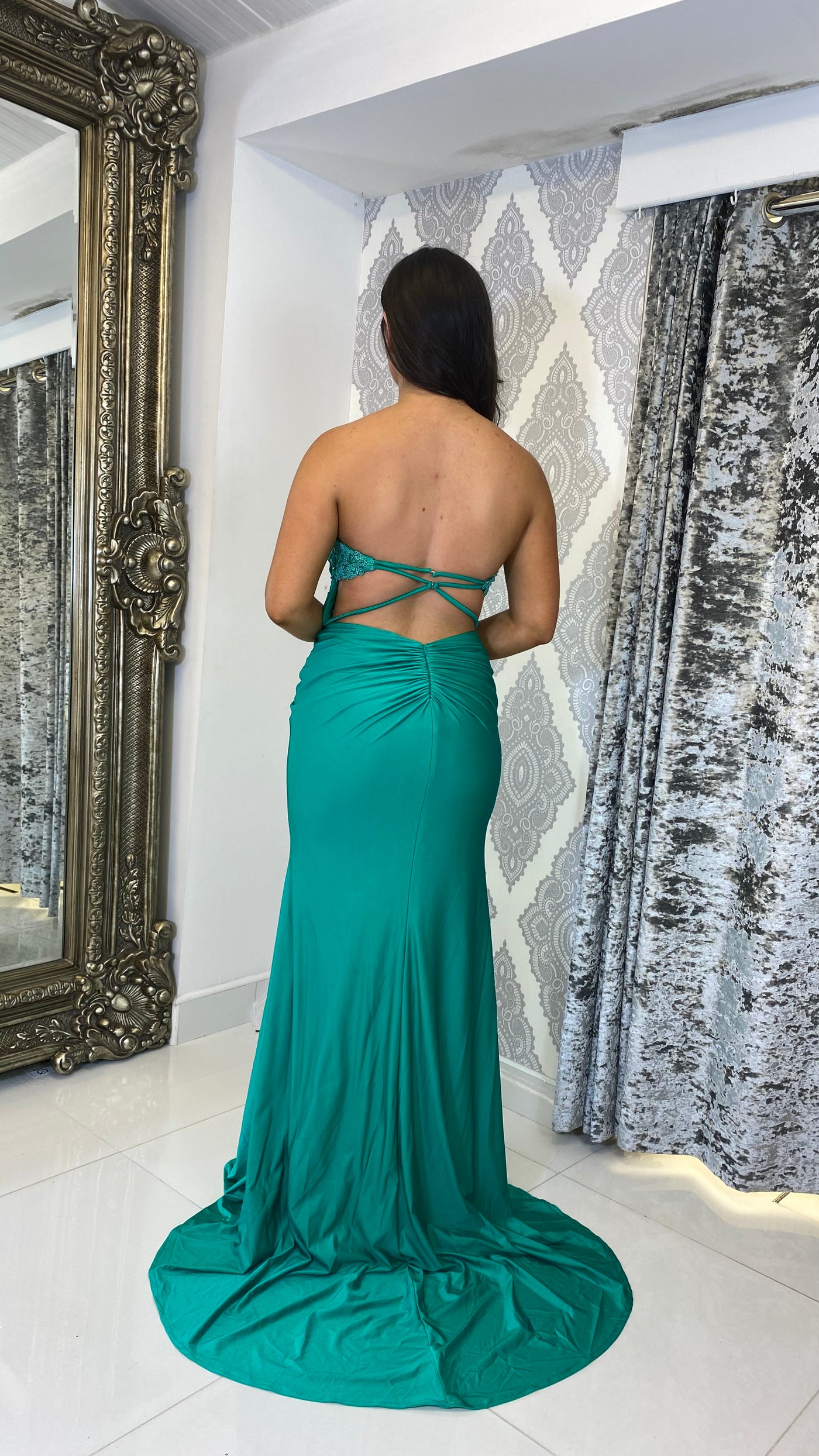 rosies closet green dress fitted lace wedding dress Emerald Green Halterneck Full Length Gown Rosies Closet