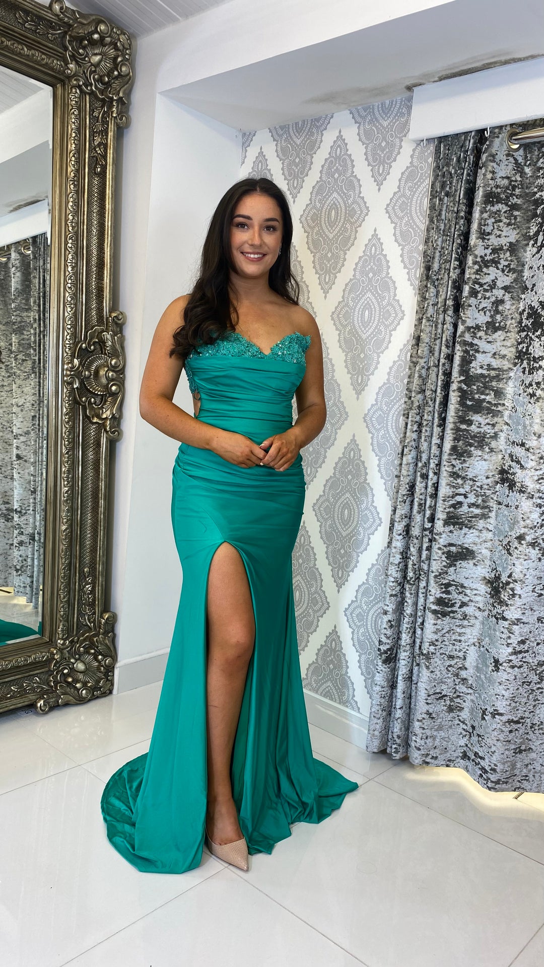 slim fit dress slacks Green Bow Back Chiffon Trail Prom Dress – Rosies Closet main image 1