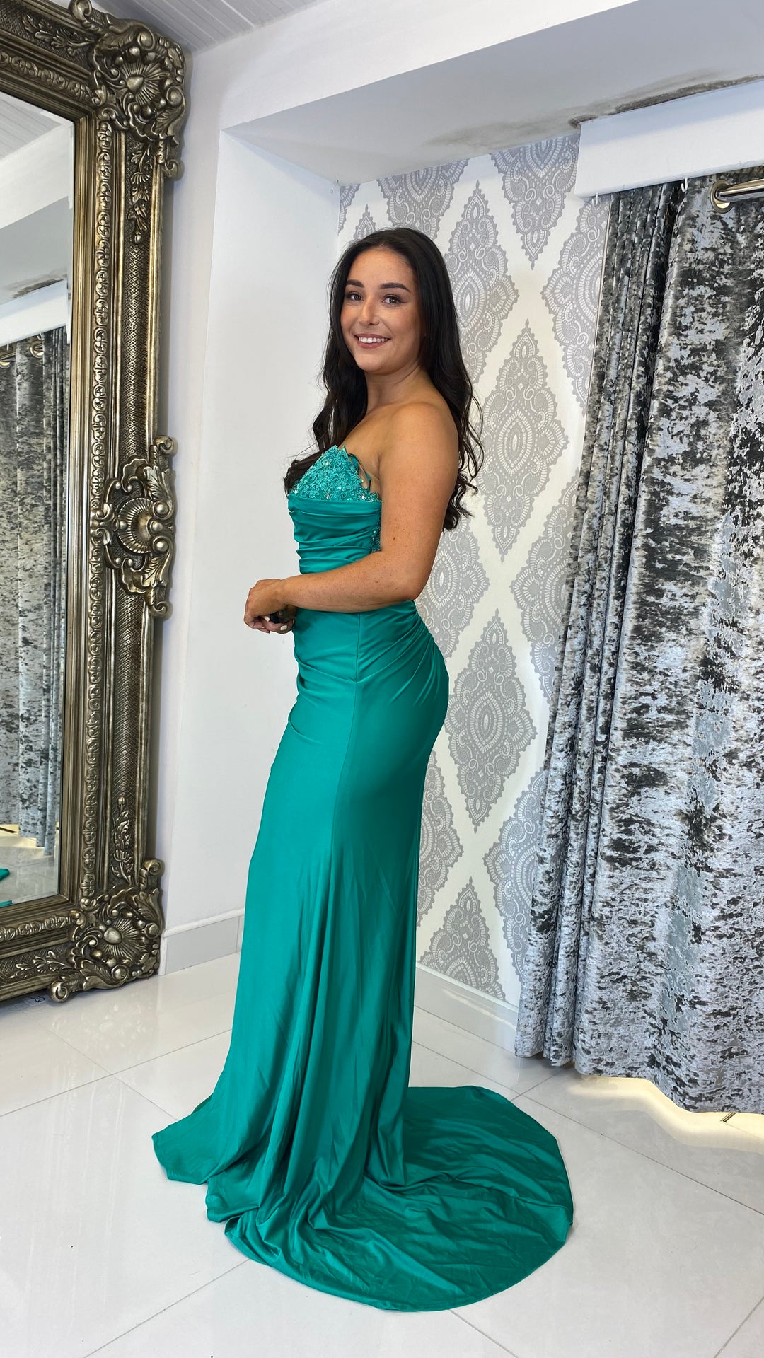 Green Corset Strapless Detail Open Back Evening Gown