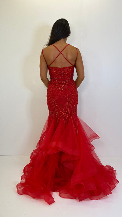 Red V-Neck Strap Back Fishtail Prom Dress