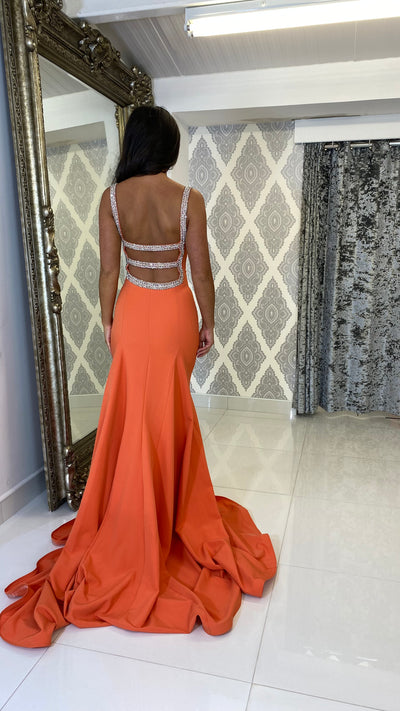 Orange Diamonte 3 Strap Back Prom Dress