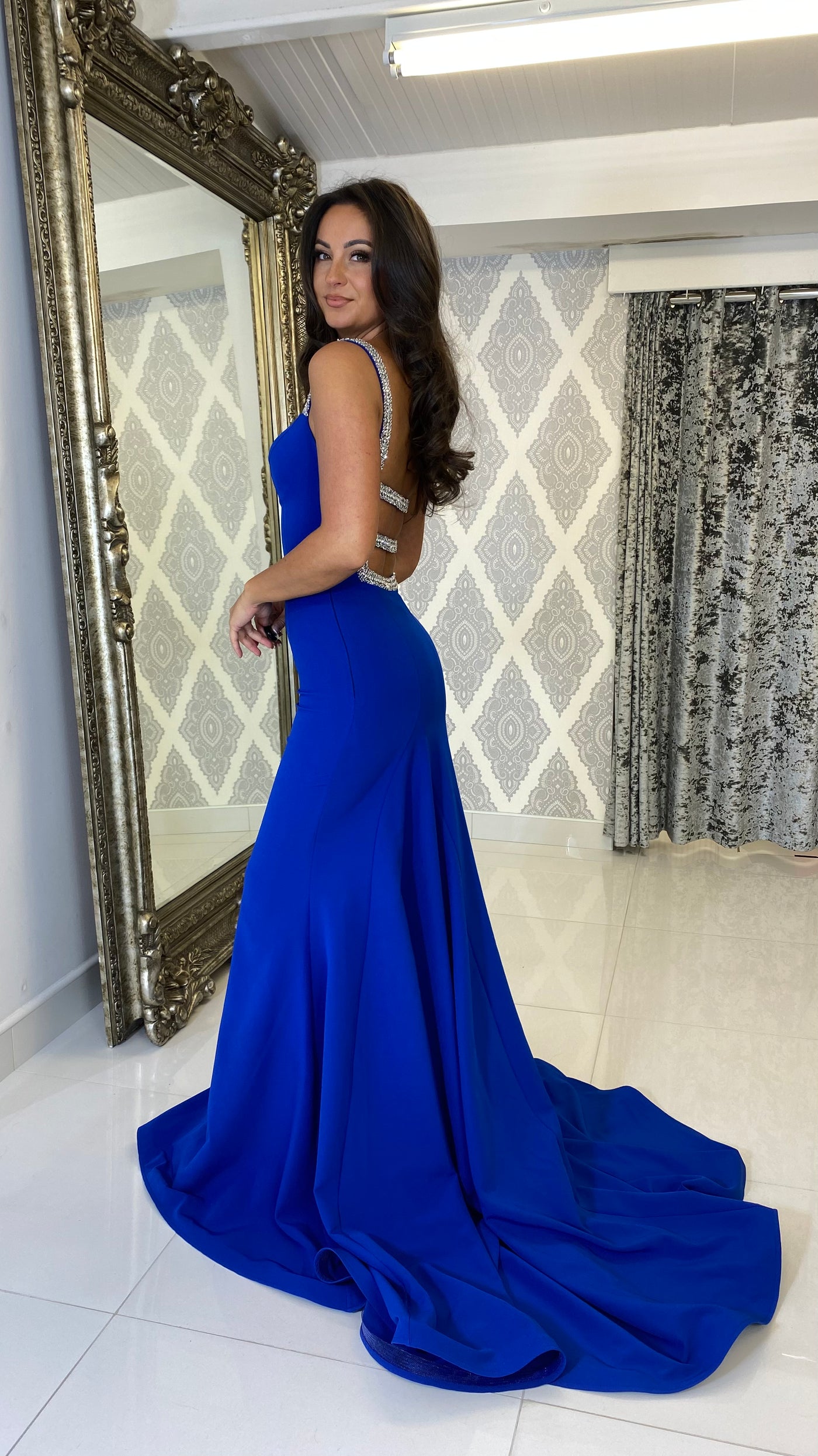 Royal Blue Diamonte 3 Strap Back Prom Dress