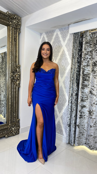 Cobalt Blue Corset Strapless Detail Open Back Evening Gown