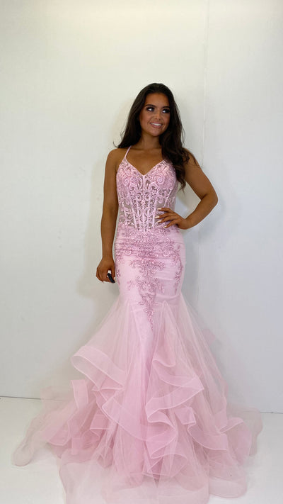Pink Swirl Corset Fishtail Prom Dress