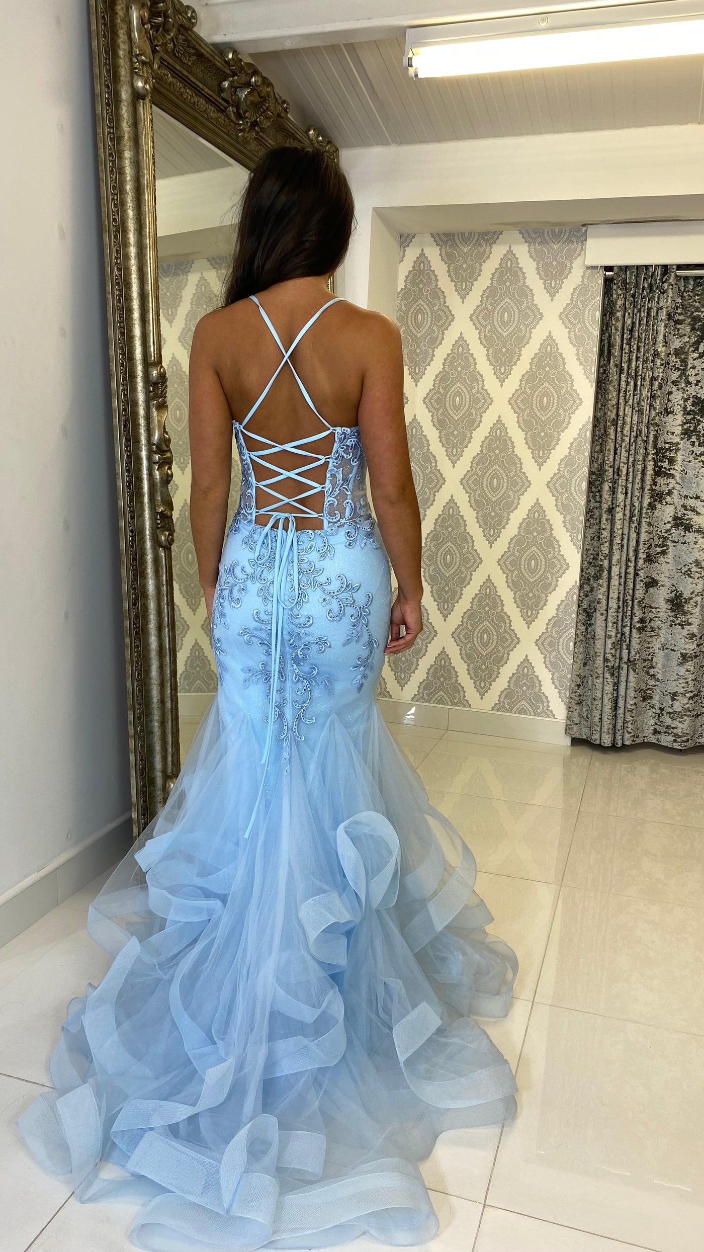 Baby Blue Swirl Corset Fishtail Prom Dress