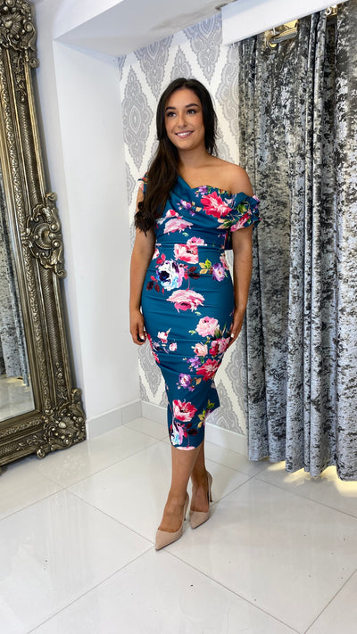 Teal Floral Print Drape Shoulder Midi Bodycon Dress