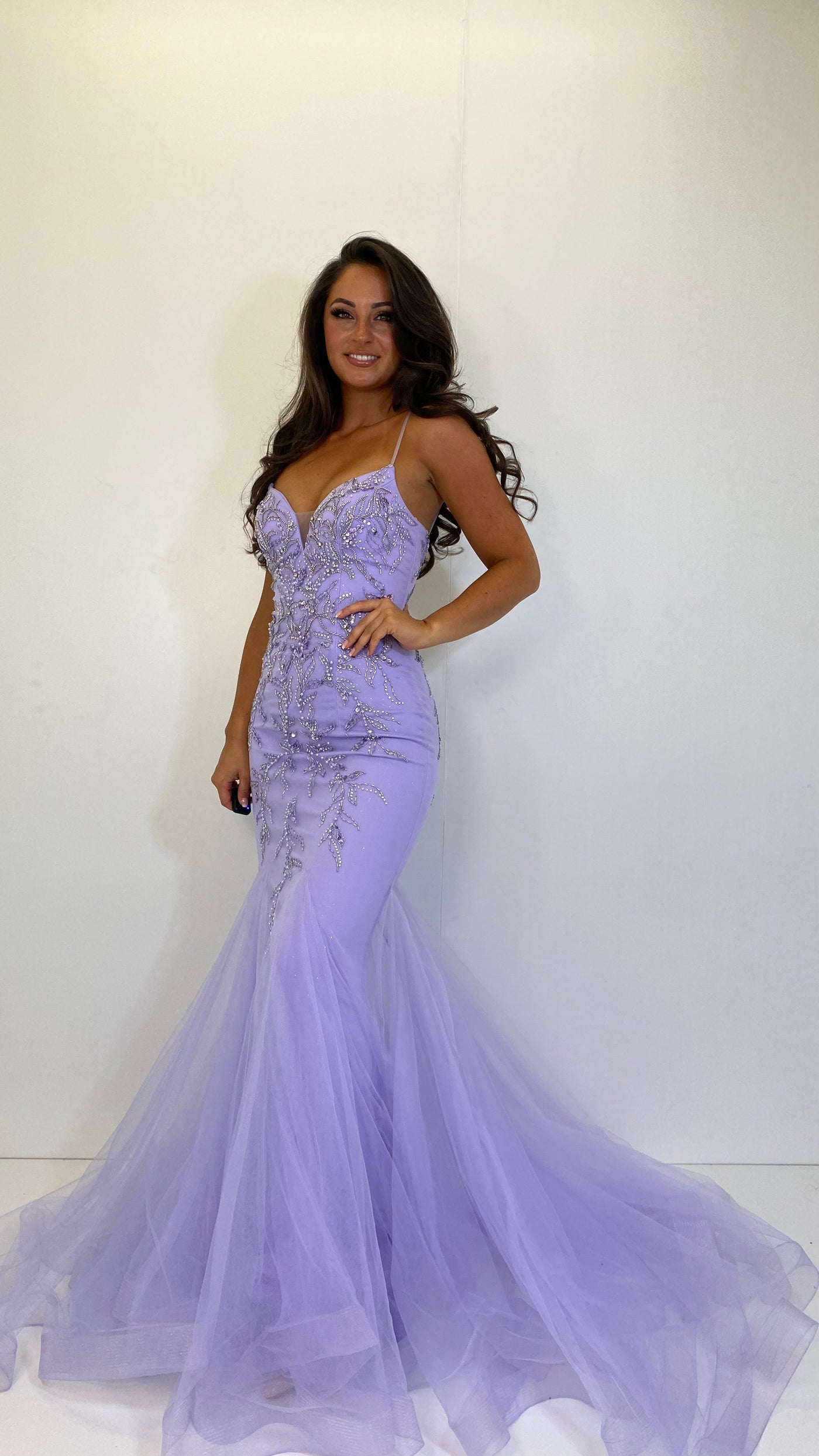 Lilac Skinny Strap Jewell Corset Fishtail Prom Dress