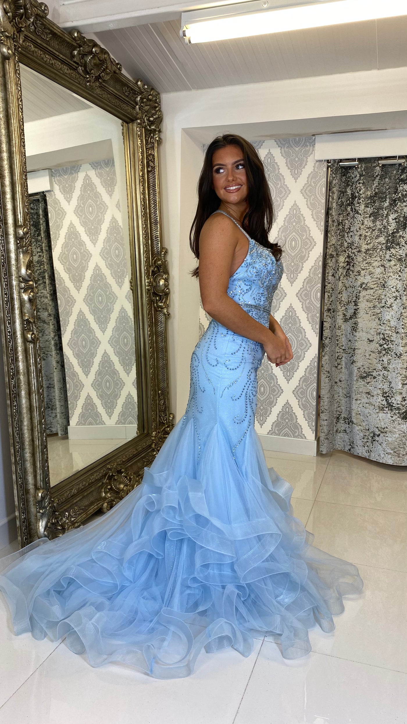 Baby Blue Straight Neck Fishtail Prom Dress