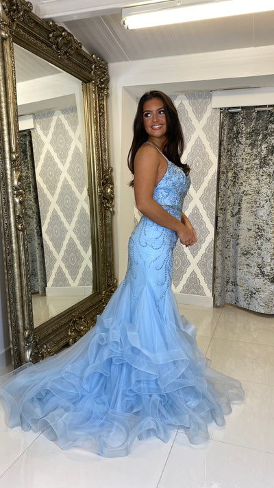 Baby Blue Straight Neck Fishtail Prom Dress