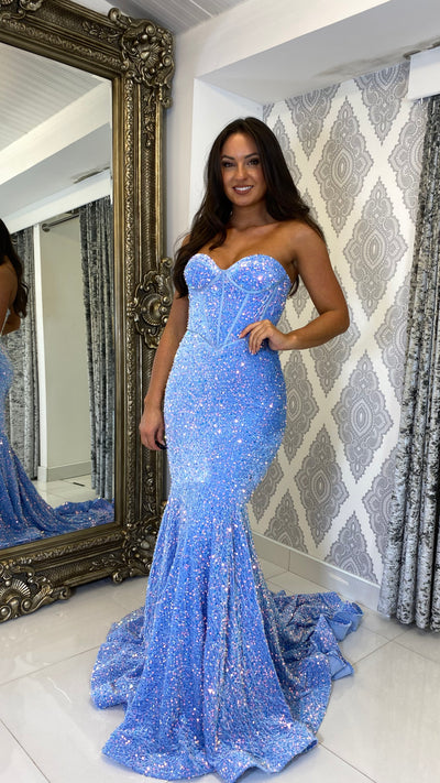 Baby Blue Sequin Corset Strapless Evening Gown