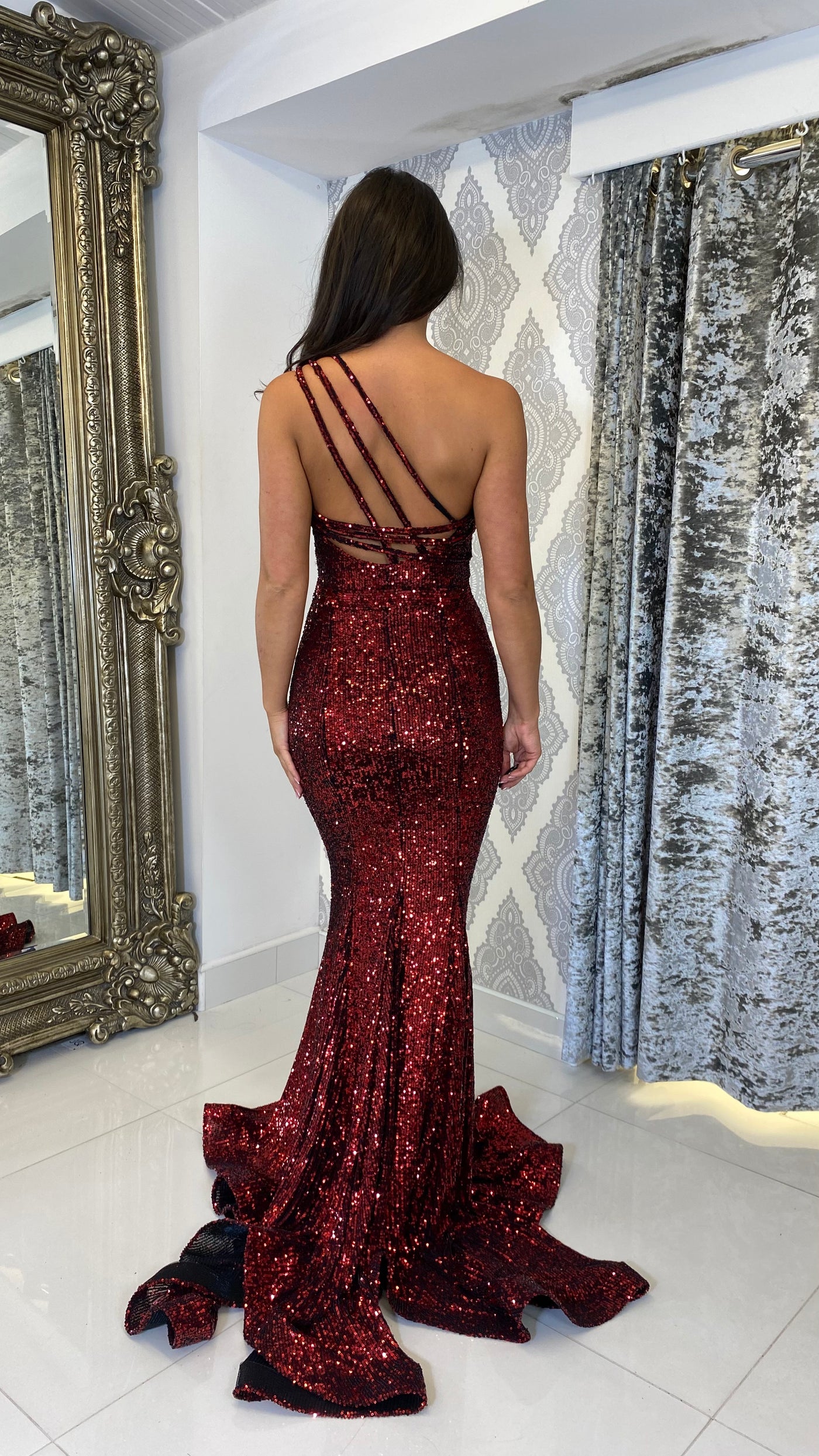 Sequinned One Shoulder Strap Detailed Prom Dress In Dark Red