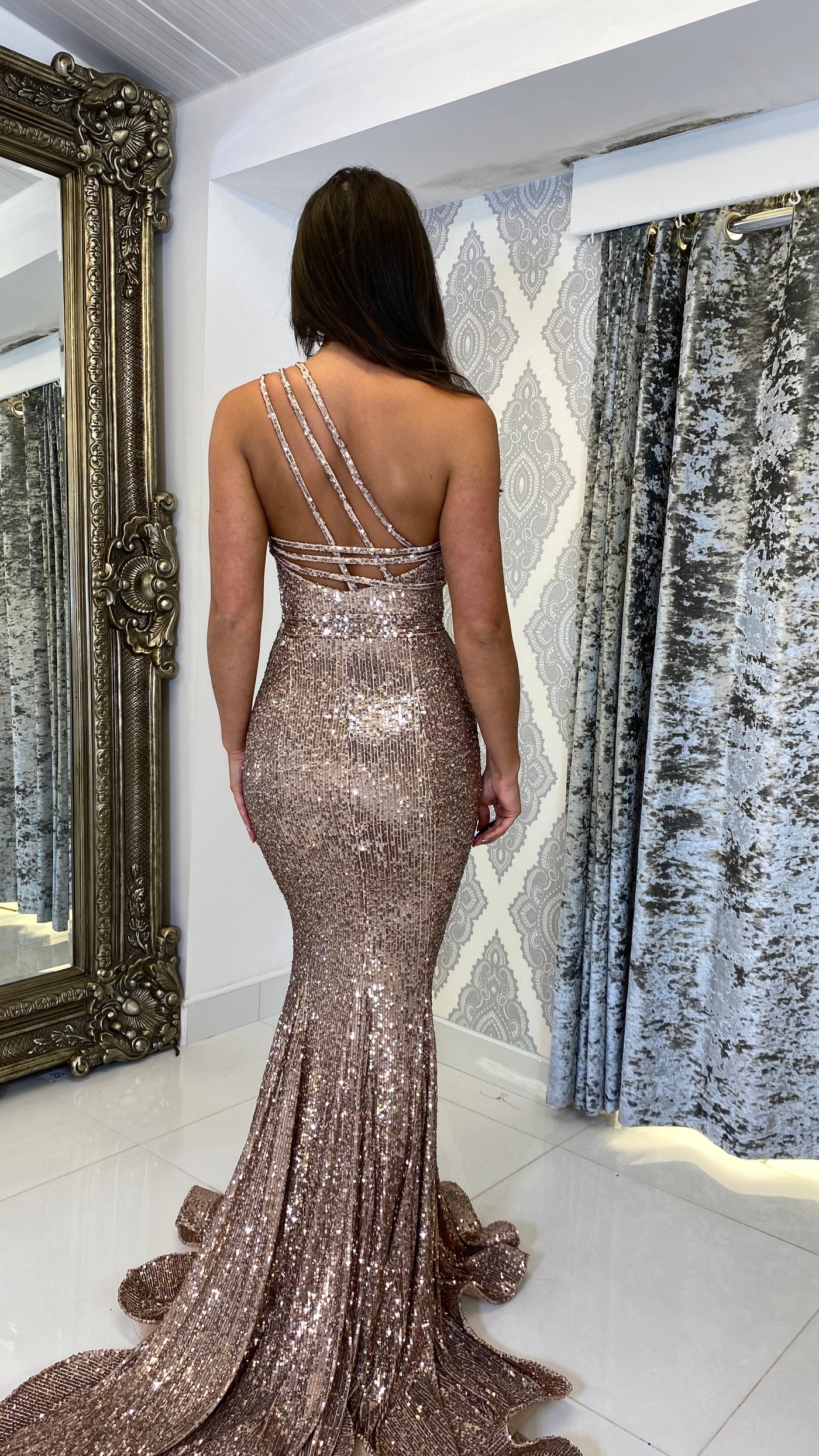 Bronze Sequin One Shoulder Prom Dress