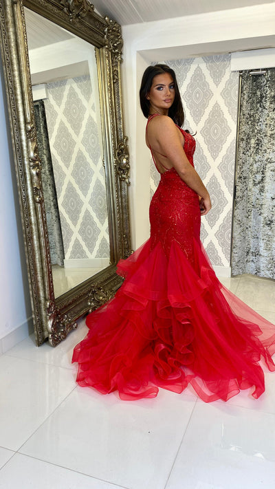 Red Straight Neck Fishtail Prom Dress