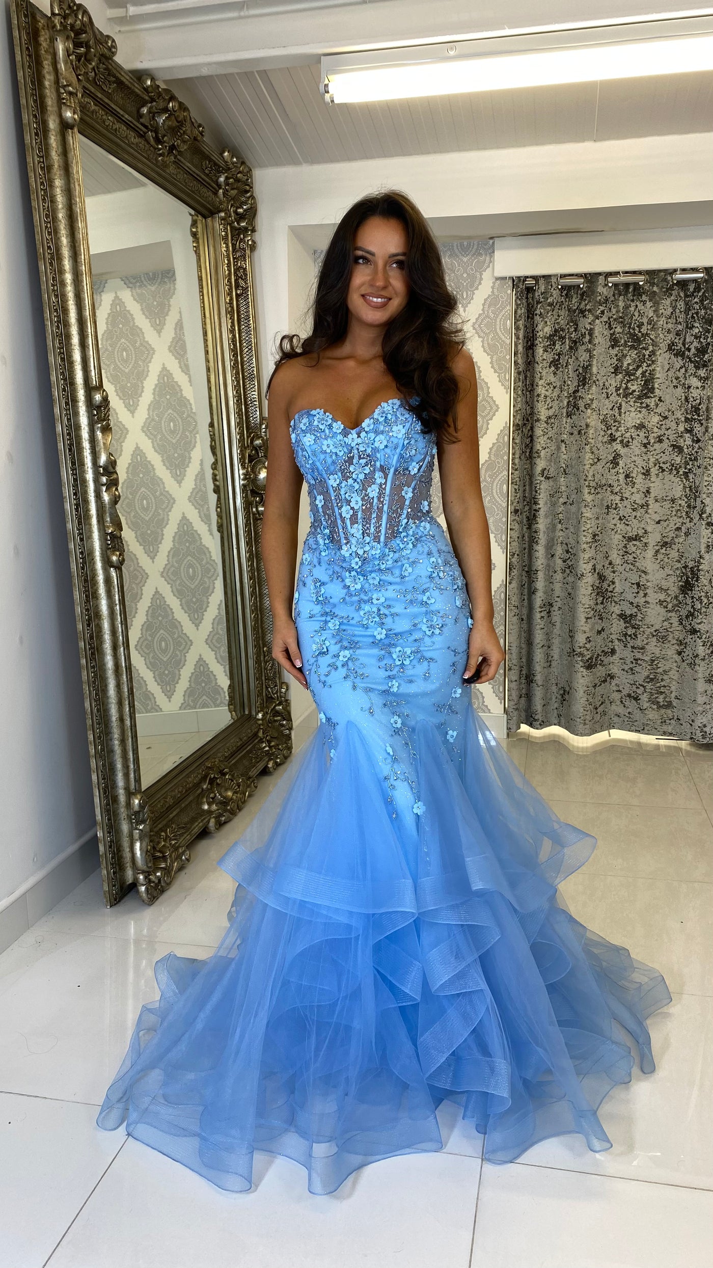 Baby Blue Corset Jewell Strapless Fishtail Prom Dress