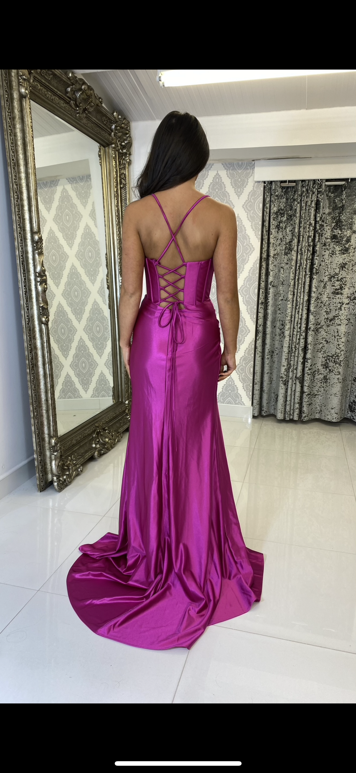 Magenta Satin Drape Front Formal Gown